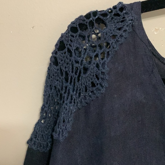 Steel Pony Women 100% Linen Crochet Tye Dyed Dark Blue Asymmetrical Dress XL - Picture 3 of 14